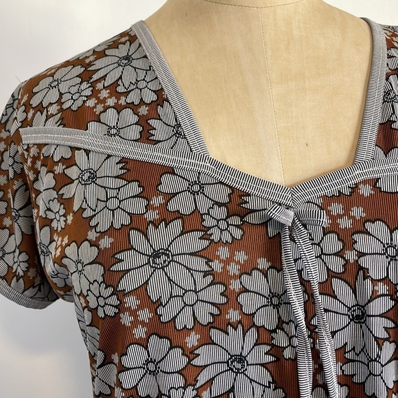 Retro Floral Nightgown PJ Boho Med Brown Maxi Stretch Dress Hippie VTG Artsy - Picture 4 of 14